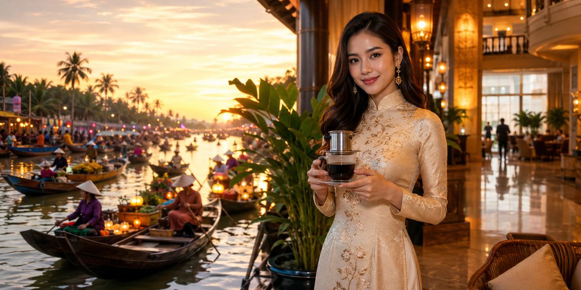 Người dùng Việt Nam thưởng thức cà phê và trải nghiệm ứng dụng casino neo2 trên điện thoại bên sông Mekong